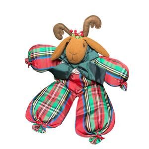 Vintage 90s Christmas Reindeer Plush Stuffed Animal‎ Tartan Plaid Sitter Nylon